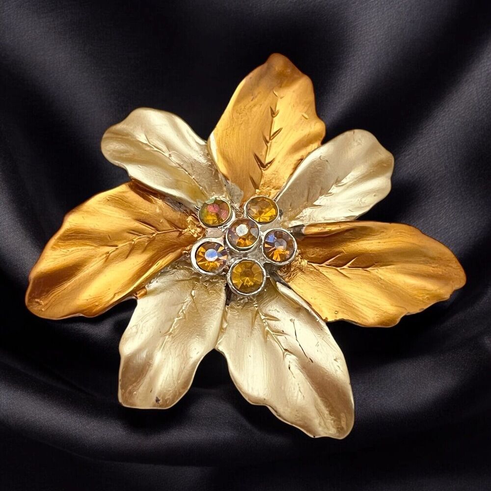 Vintage 1960s Floral Brooch Enamel Crystal Multi Tone Pin Mid Century - 9O